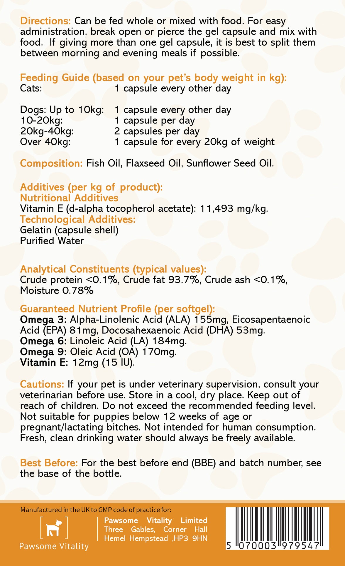 Pawsome Vitality Omega 3-6-9 for Pets – 120 Softgels (1000mg)